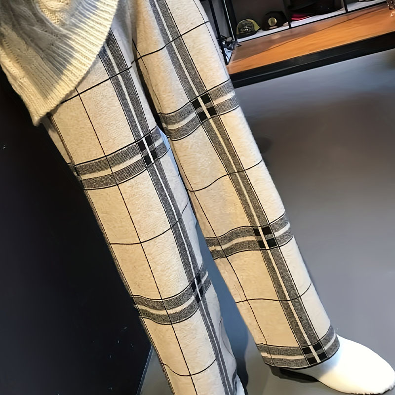 Retro Loose Nine-Point Pants, Autumn And Winter Knitted Retro Plaid Wide-Leg Pants, Fashionable And Versatile Pants