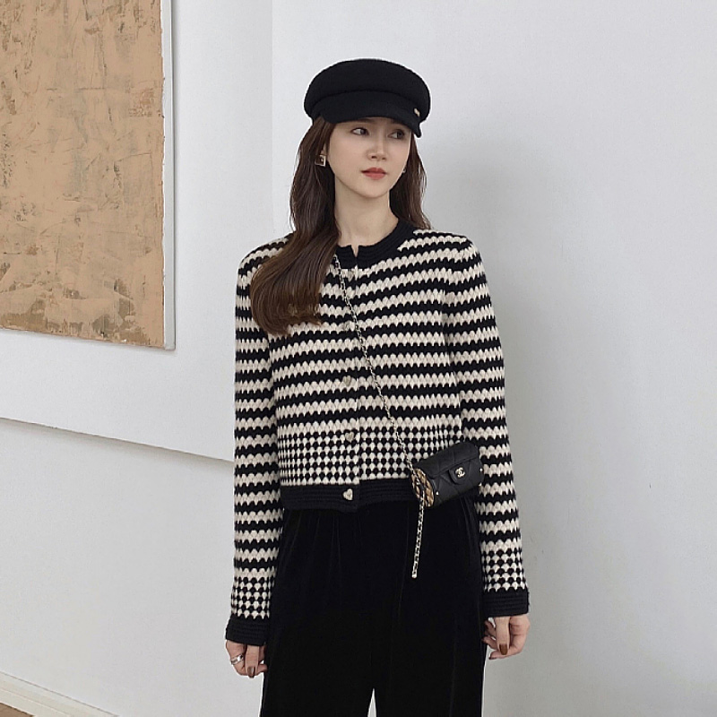 Striped Knitted Cardigan For Women, Spring And Autumn Short Sweater Coat With Chanel Style