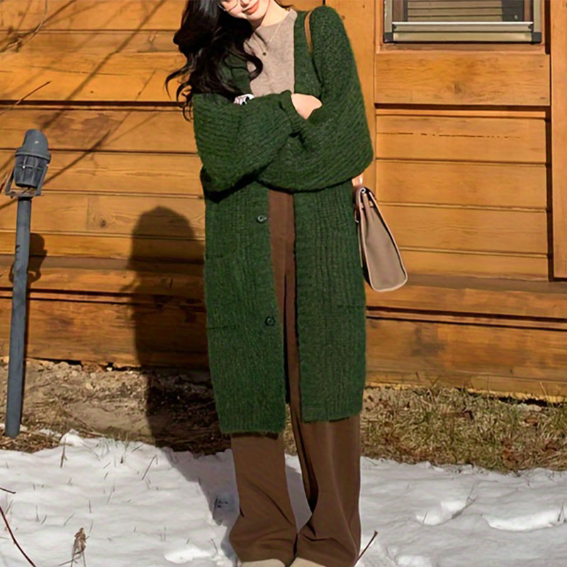 Women's Mid-Length Loose Sweater Coat, Autumn And Winter Button Solid Color Knitted Sweater