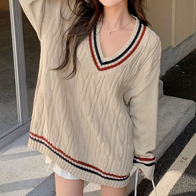 V-Neck Pullover Sweater For Women, Loose And Fashionable Knitted Sweater For Autumn And Winter