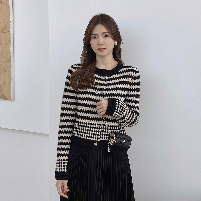 Striped Knitted Cardigan For Women, Spring And Autumn Short Sweater Coat With Chanel Style