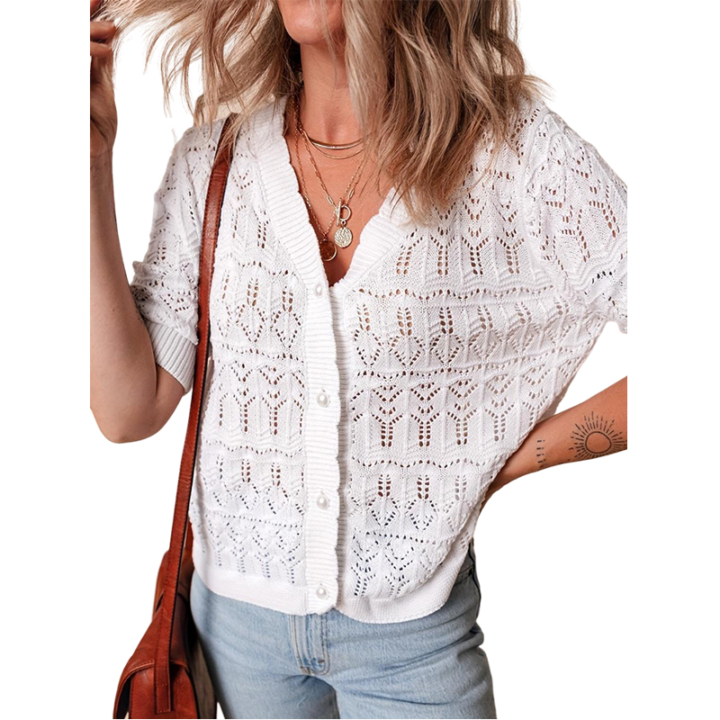 Women's Summer White Hollow Knitted Cardigan Button Short Sleeves