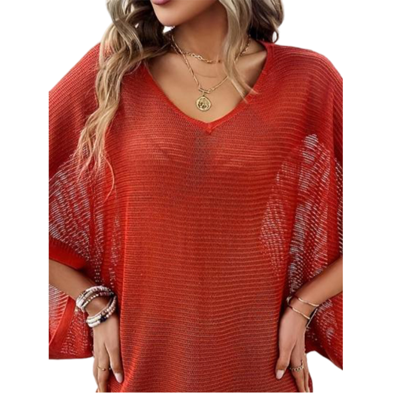 Red Round Neck Pullover Sweater Women's Summer Loose Thin