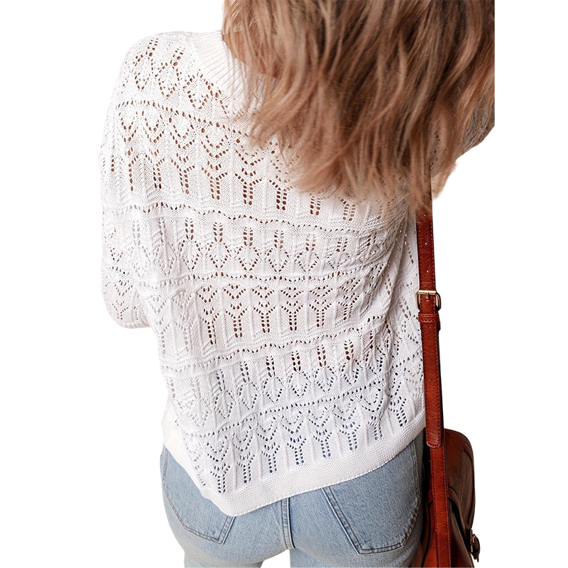 Women's Summer White Hollow Knitted Cardigan Button Short Sleeves