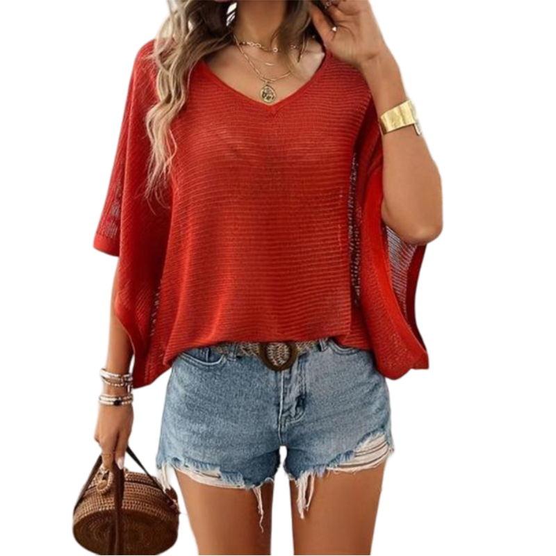 Red Round Neck Pullover Sweater Women's Summer Loose Thin