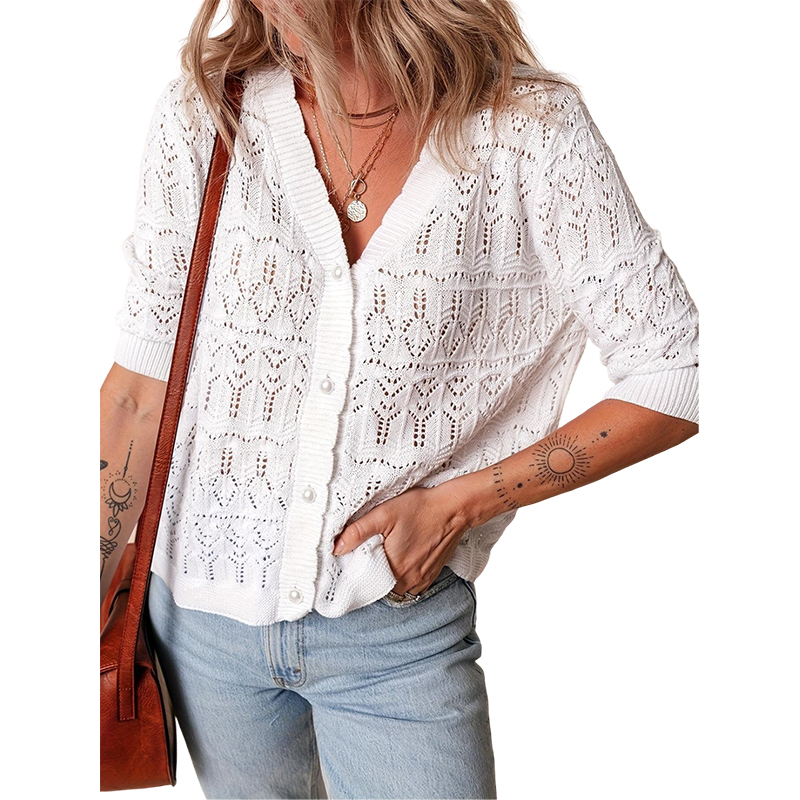 Women's Summer White Hollow Knitted Cardigan Button Short Sleeves