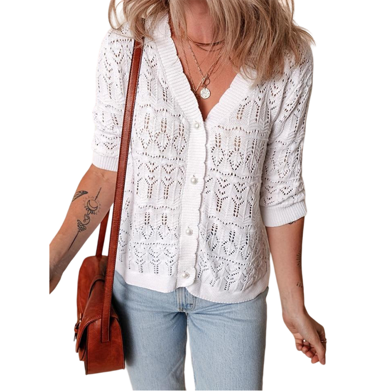 Women's Summer White Hollow Knitted Cardigan Button Short Sleeves