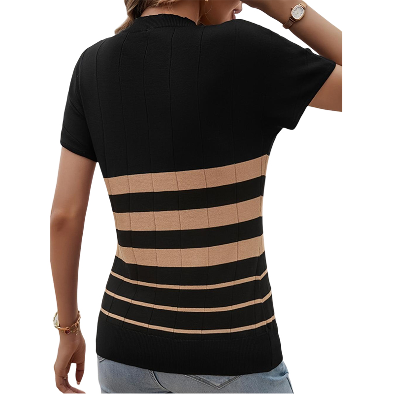 Women's Summer Black Striped Short Sleeve Sweater