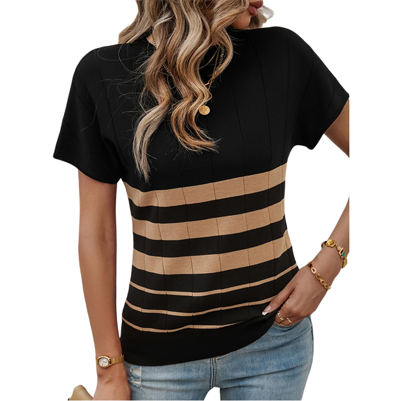 Women's Summer Black Striped Short Sleeve Sweater