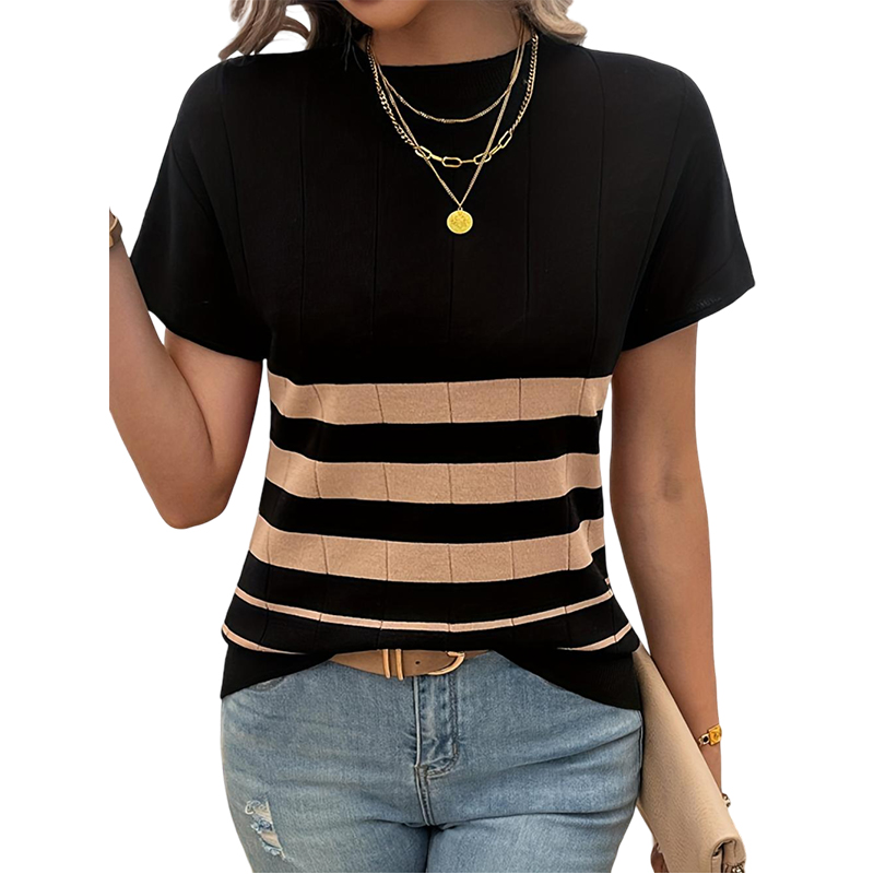 Women's Summer Black Striped Short Sleeve Sweater